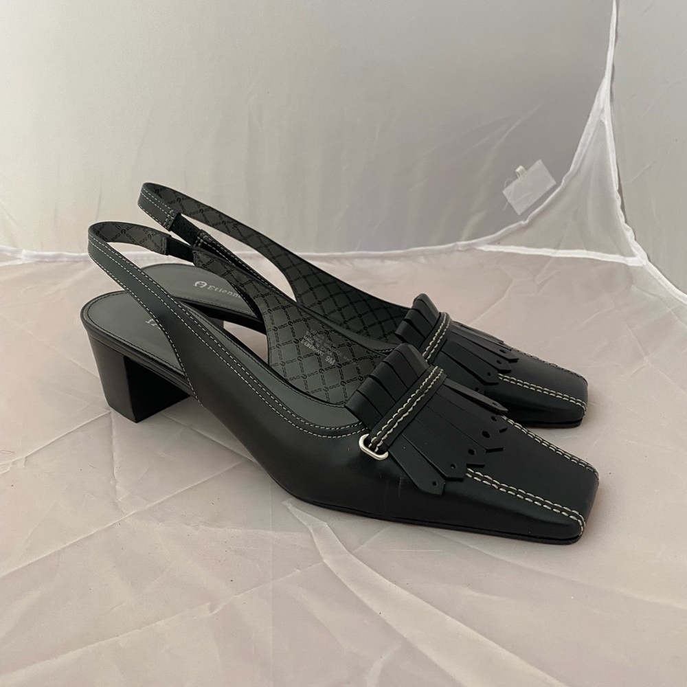 Etienne Aigner Black Slingback Heels with Fringe Detail